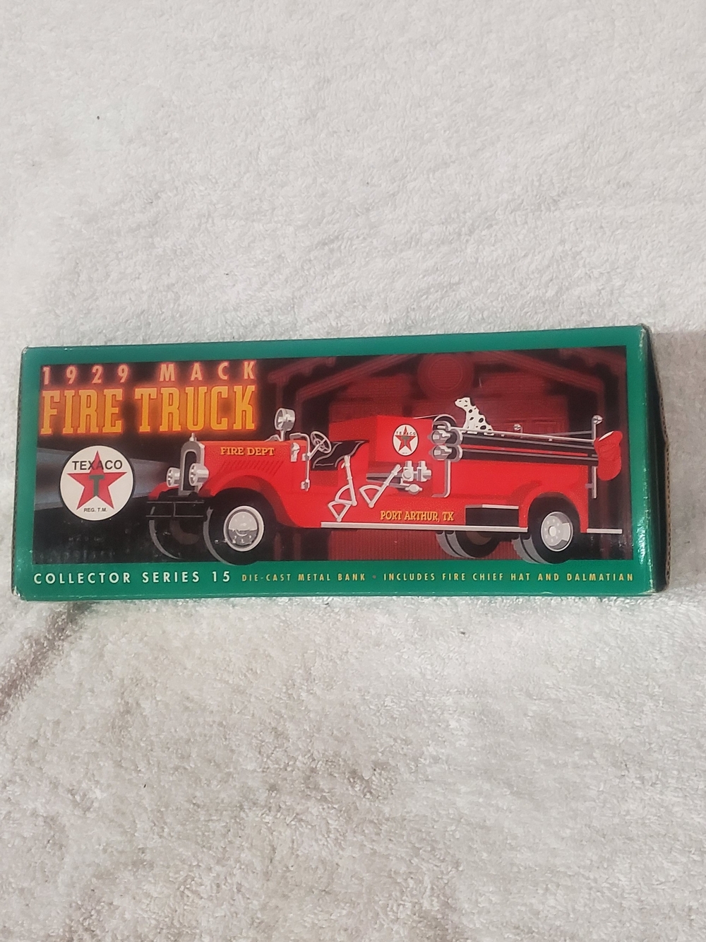 Source Unknown Red 1929 Mack Fire Truck Toy Bank with Green Box Trim